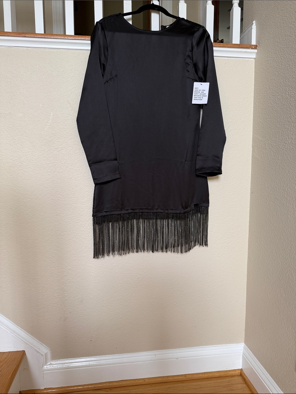 Top shop, black satin, long sleeve mini dress with beaded finge hem